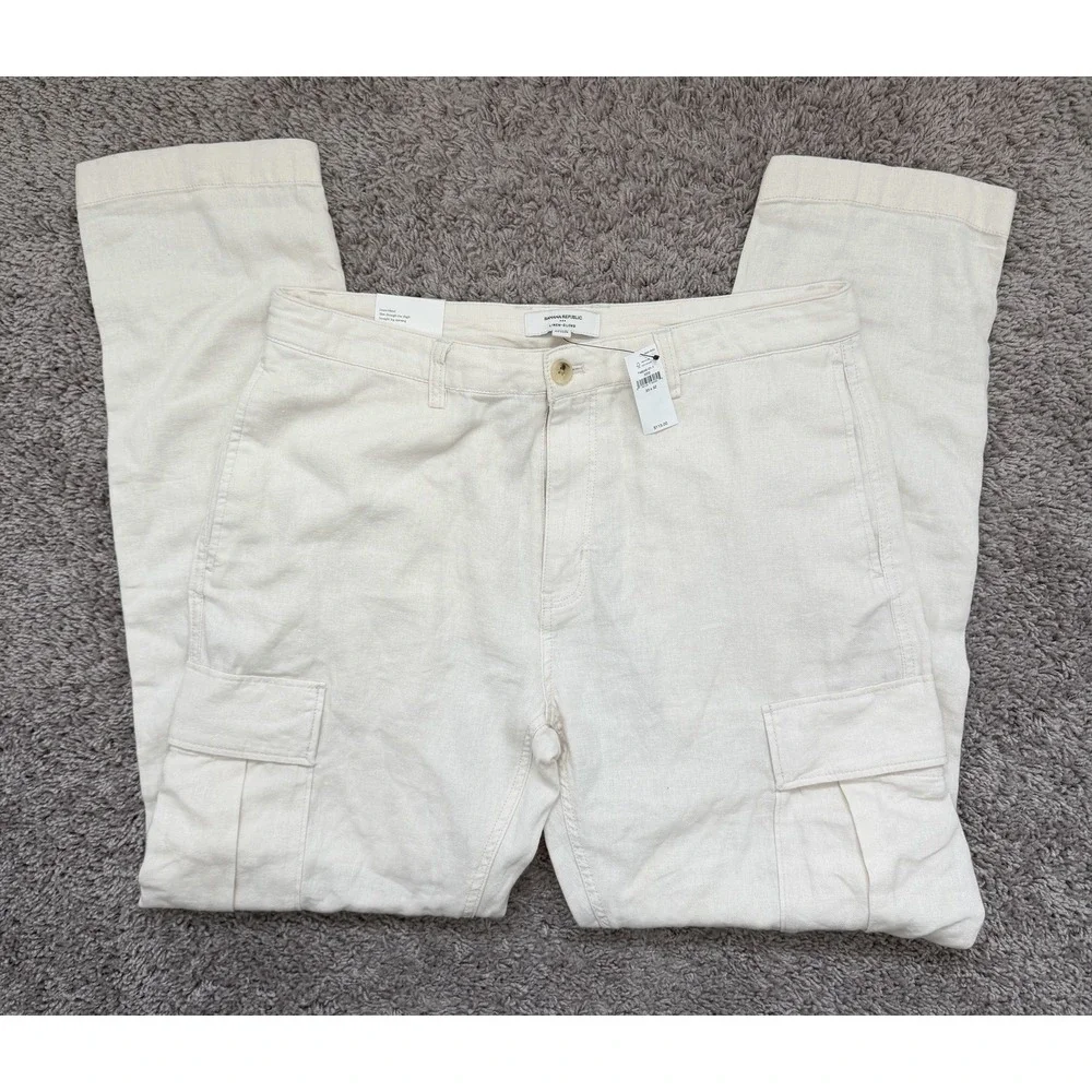 Banana Republic Cargo Pants Mens 33 X 32 Beige Slim Straight Linen Blend NWT